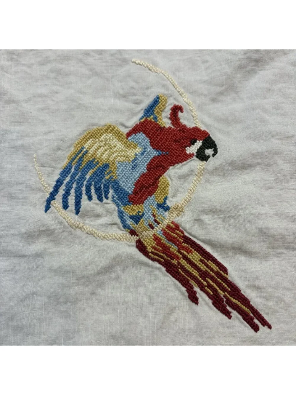 Vintage White Linen Tablecloth Napkins Hand Stitched Parrot Embroidery Tropical